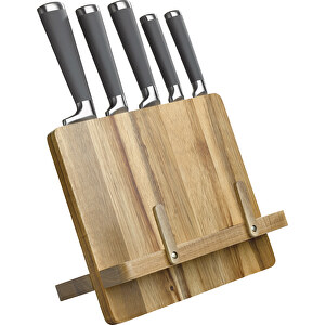 Kochbuchständer Mit 5 Messern , holz, Acaciaholz & Edelstahl, 42,00cm x 4,80cm x 29,70cm (Länge x Höhe x Breite)