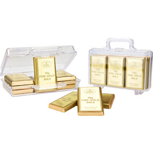 Goldkoffer Mit 12 Goldbarren, Edelvollmilch-Schokolade , Confiserie Heidel, Kunststoff, 12,00cm x 3,70cm x 10,00cm (Länge x Höhe x Breite)