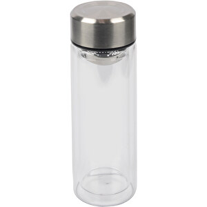 Trinkflasche CHAI Doppelwandig , silber, transparent, Borosilikatglas / Edelstahl / Silikon, 18,30cm (Höhe)