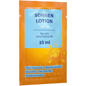 10 Ml Sonnenmilch LSF 30 Sensitiv (Sachet) , weiß, Mono PP 'Made for Recycling', 0,60cm x 10,00cm x 6,00cm (Länge x Höhe x Breite)