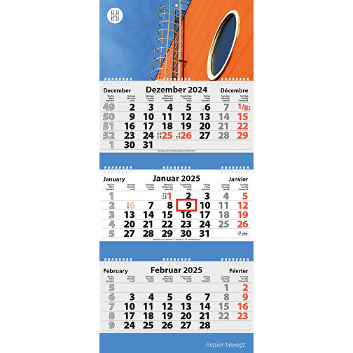 3-Monats Faltkalender 'Tres-Deluxe Ring-Wire' , weiß, Rückwand: 290 g/m² Chromokarton, Kalenderblätter: 70 g/m² holzfrei weiß, chlorfrei gebleicht, 77,70cm x 34,00cm (Höhe x Breite), Bild 1