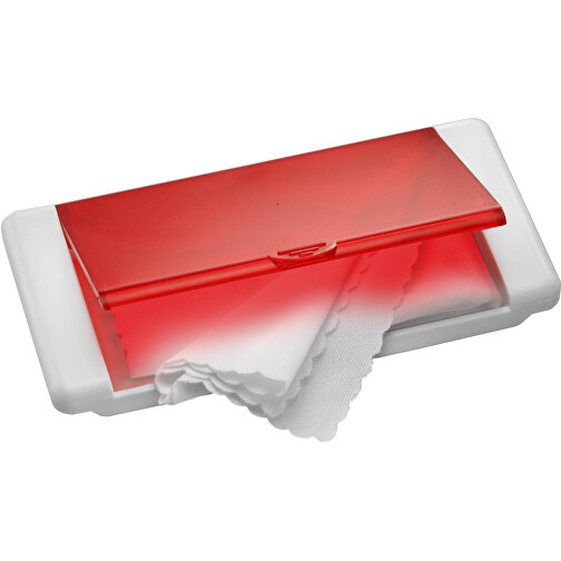 Mikrofasertuch 'Box' , weiß, rot-transparent, ABS+MF, 9,00cm x 1,00cm x 4,70cm (Länge x Höhe x Breite), Bild 1