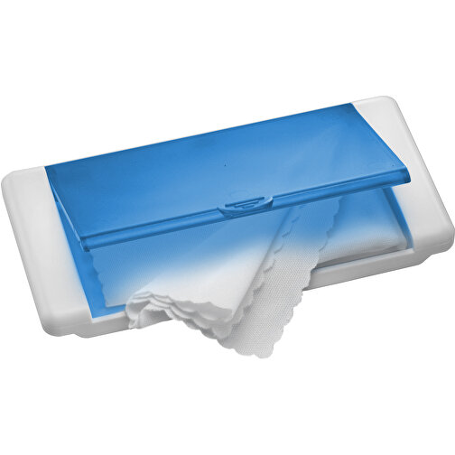 Mikrofasertuch 'Box' , weiss, blau-transparent, ABS+MF, 9,00cm x 1,00cm x 4,70cm (Länge x Höhe x Breite), Bild 1