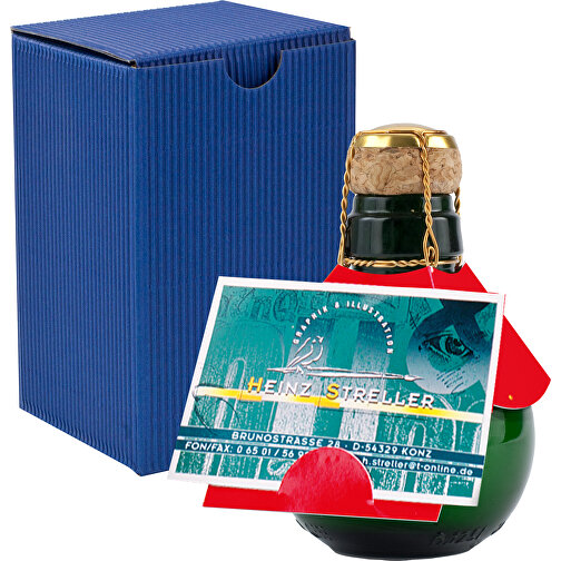 Kleinste Sektflasche Der Welt! Visitenkarteneinschub - Inklusive Geschenkkarton In Blau , blau, Glas, 7,50cm x 12,00cm x 7,50cm (Länge x Höhe x Breite), Bild 1
