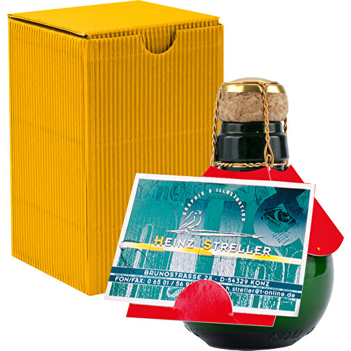 Kleinste Sektflasche Der Welt! Visitenkarteneinschub - Inklusive Geschenkkarton In Gelb , gelb, Glas, 7,50cm x 12,00cm x 7,50cm (Länge x Höhe x Breite), Bild 1