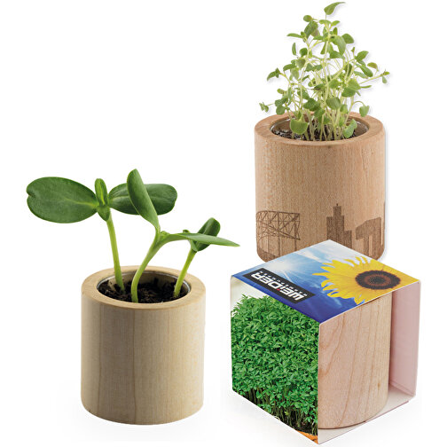 Pot rond en bois avec graines - Cresson de jardin,Gravure laser 360°, Image 1