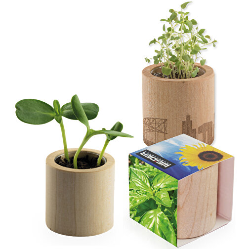 Pot rond en bois avec graines - Basilic, gravure laser, Image 1