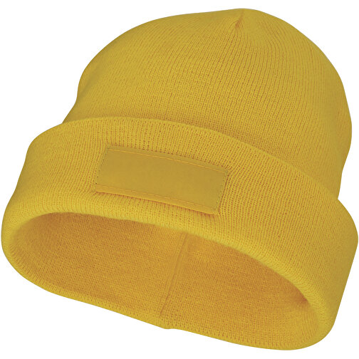 Boreas Mütze Mit Aufnäher , gelb, 1x1 Rib Strick 100% Acryl, Contrast fabric, Woven 100% Polyester, 23,00cm x 19,00cm (Höhe x Breite), Bild 1