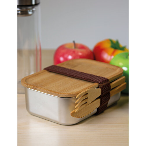 Lunchbox ECO TASTE , braun, silber, Edelstahl / Bambus / Silikon / Polyester, 16,50cm x 5,50cm x 11,50cm (Länge x Höhe x Breite), Bild 3