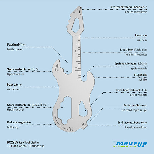 ROMINOX® Key Tool // Guitar - 19 Functions (Gitarre) , Edelstahl, 7,50cm x 0,20cm x 2,50cm (Länge x Höhe x Breite), Bild 9