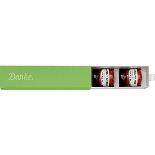 Dankebox 'Feinster Fruchtaufstrich' - Grün , grün, Papier, Pappe, Satin, 21,50cm x 5,50cm x 5,50cm (Länge x Höhe x Breite), Bild 1