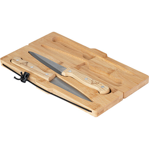 Praktisk bambus-skærebræt med to knive til at have med på farten, Billede 1