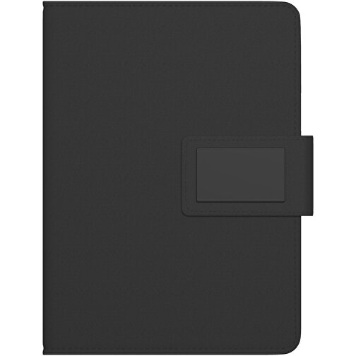 SCX.design O16 A5 Notizbuch Mit Powerbank Und Leuchtlogo , schwarz, PU beschichteter Karton, Recyceltes Papier, 16,50cm x 2,00cm x 23,50cm (Länge x Höhe x Breite), Bild 4
