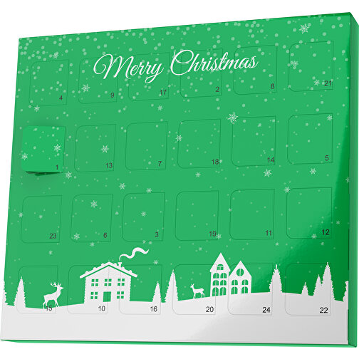 XS Adventskalender Weihnachtsdorf , Brandt, grün / weiss, Vollkartonhülle, weiss, 1,60cm x 12,00cm x 14,00cm (Länge x Höhe x Breite), Bild 1