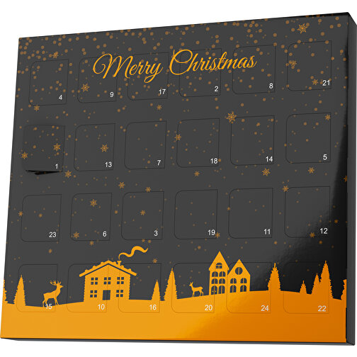 XS Adventskalender Weihnachtsdorf , Brandt, schwarz / gelborange, Vollkartonhülle, weiss, 1,60cm x 12,00cm x 14,00cm (Länge x Höhe x Breite), Bild 1