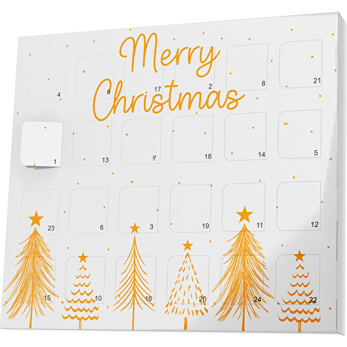 XS Adventskalender Merry Christmas Tanne , M&M\'s, weiß / gelborange, Vollkartonhülle, weiß, 1,60cm x 12,00cm x 14,00cm (Länge x Höhe x Breite), Bild 1