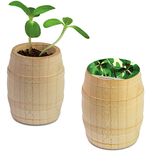 Mini-tonneau en bois avec graines - Bulbes de trèfle à 4 feuilles, Image 1
