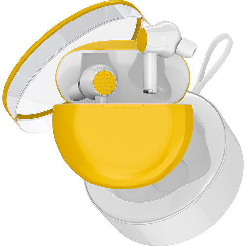 True-Wireless In-Ear Kopfhörer Truly , sonnengelb / weiß, Kunststoff, 6,00cm x 3,00cm x 6,00cm (Länge x Höhe x Breite), Bild 2