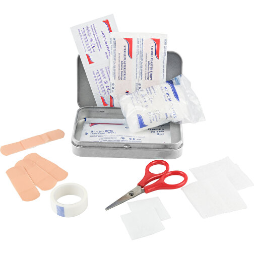 First Aid Box Compact, 27-teilig In Metalldose , grau, Gemischt, 11,80cm x 2,50cm x 7,00cm (Länge x Höhe x Breite), Bild 1