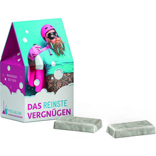 Standbodenbox Werbeverpackung Fairtrade Alpenmilch Schokolade , Werbeverpackung aus weissem Karton, 3,80cm x 8,00cm x 5,00cm (Länge x Höhe x Breite), Bild 1