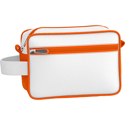 Kosmetiktasche Nova , weiss / orange, Sublimation-fabric 200g - Polyester (PU), 16,00cm x 8,00cm x 23,00cm (Länge x Höhe x Breite), Bild 1