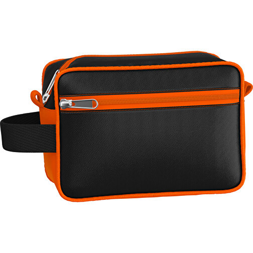 Kosmetiktasche Nova , schwarz / orange, Sublimation-fabric 200g - Polyester (PU), 16,00cm x 8,00cm x 23,00cm (Länge x Höhe x Breite), Bild 1