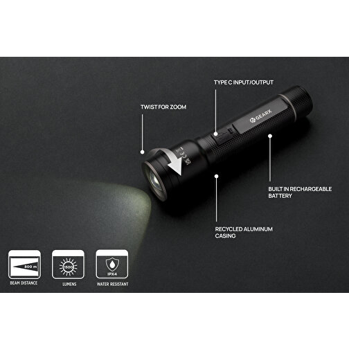Heavy-Duty USB-Taschenlampe Aus RCS Recyceltem Aluminium , schwarz, Recycelte Aluminiumlegierung, 19,10cm (Höhe), Bild 10