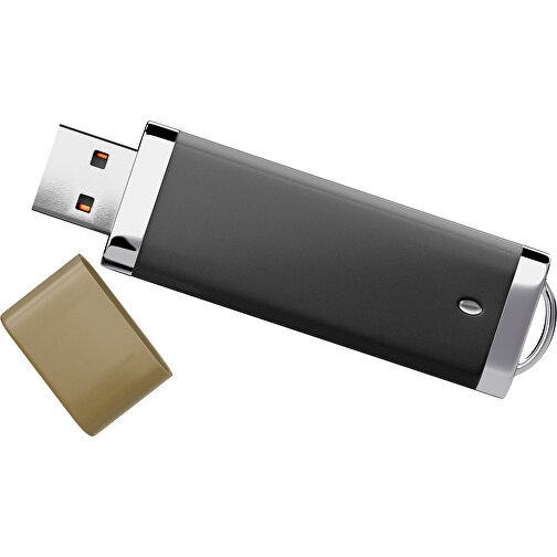 PromoPerfect USB-STICK 2.0 PLASTIK , schwarz / gold MB , 4 GB , Gummiplastik, Kunststoff MB , 7,00cm x 0,70cm x 2,00cm (Länge x Höhe x Breite), Bild 1