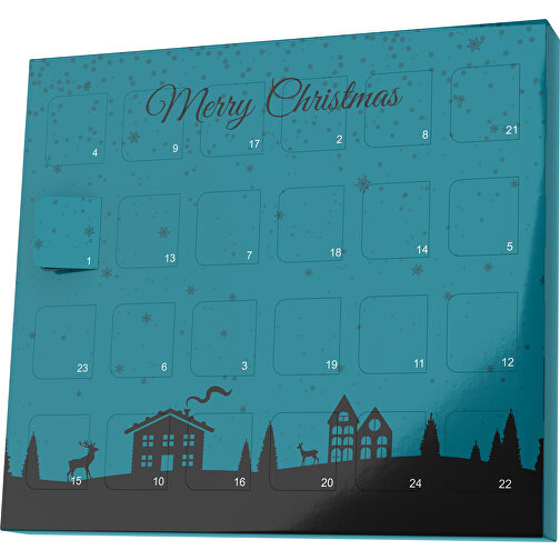 XS Adventskalender Weihnachtsdorf , Brandt, dunkeltürkis / schwarz, Vollkartonhülle, weiß, 1,60cm x 12,00cm x 14,00cm (Länge x Höhe x Breite), Bild 1