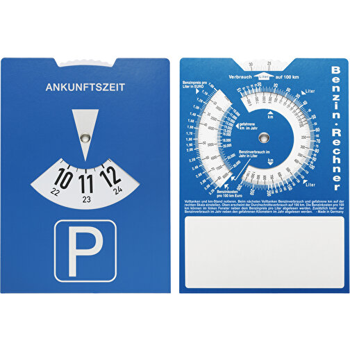 Karton-Parkscheibe Mit Benzinrechner , blau, weiß, PAP, 1,50cm x 0,01cm x 1,10cm (Länge x Höhe x Breite), Bild 1