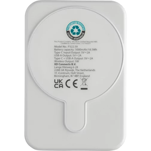 Stellar 5.000mAh 5W powerbank magnétique en RCS rec. ABS, blanc, Image 4